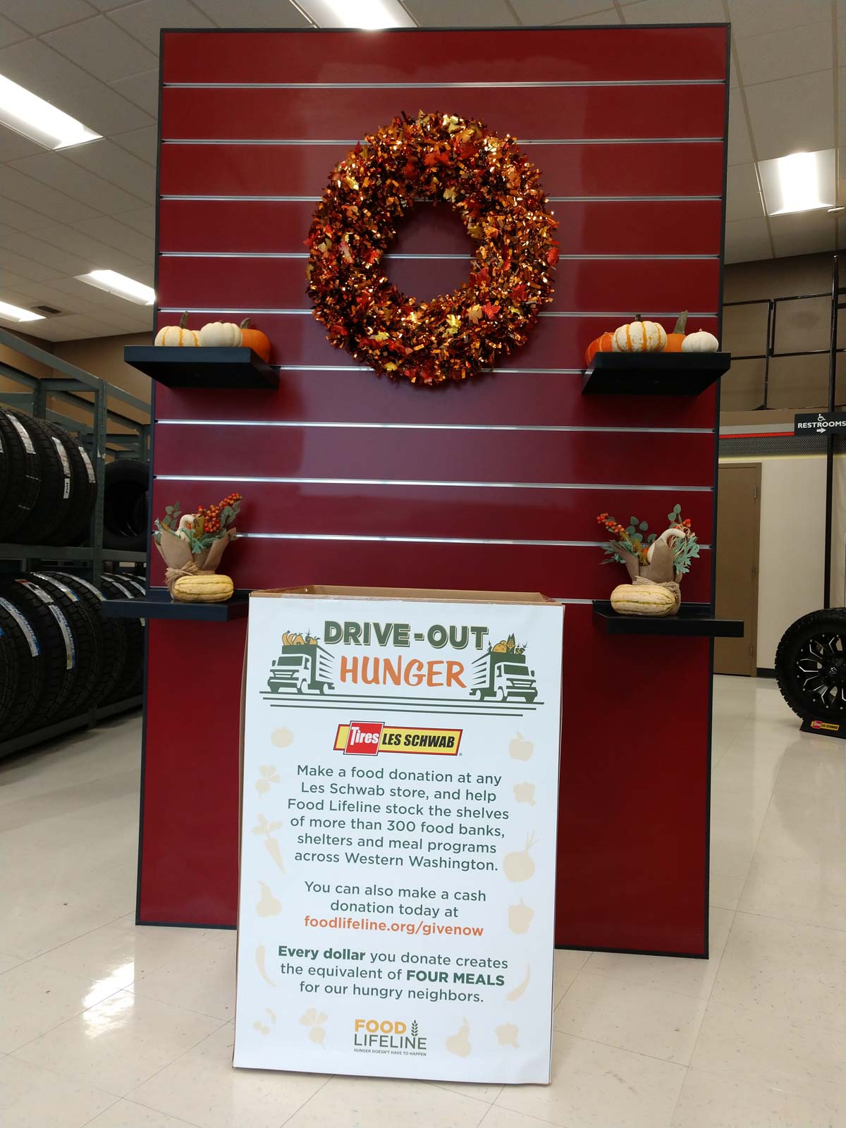 Food Lifeline Display in Les Schwab store Food Lifeline food drive display in a Les Schwab store.