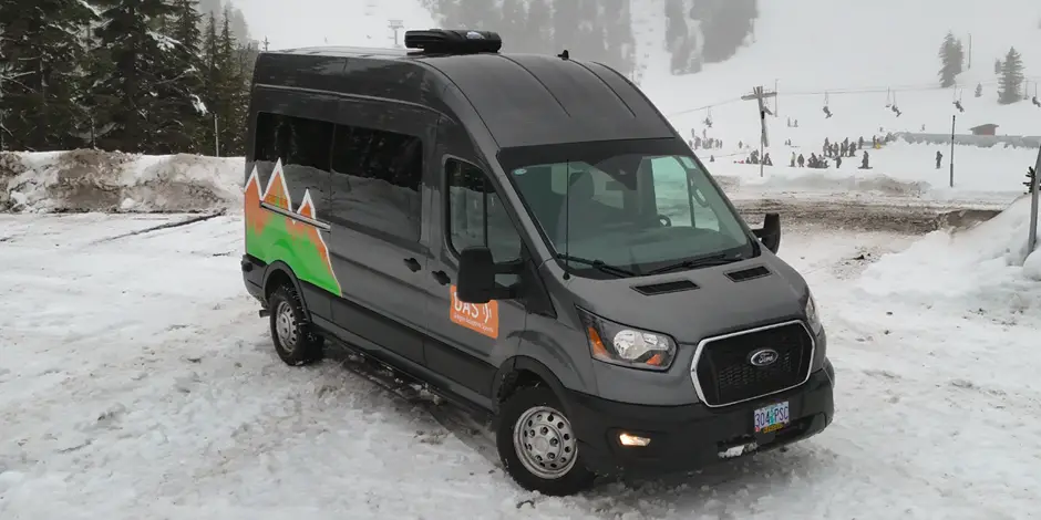 Oregon Adaptive Sports’ van with newly installed snow tires from Les Schwab.